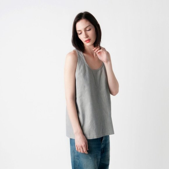Chimala Tops - Chimala Racerback Tank, Japanese textured cotton, thin stripes blue and white